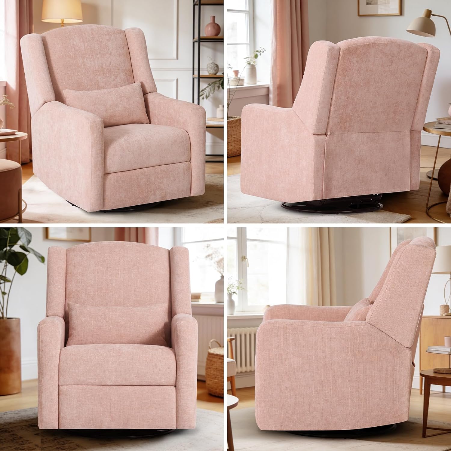Power Glider Recliner Nursery Chair w/USB Ports, Soft Chenille Glider Rocking Chair for Nursery, Swivel Glider Chair with Lumbar Pillow for Living Room, Pink