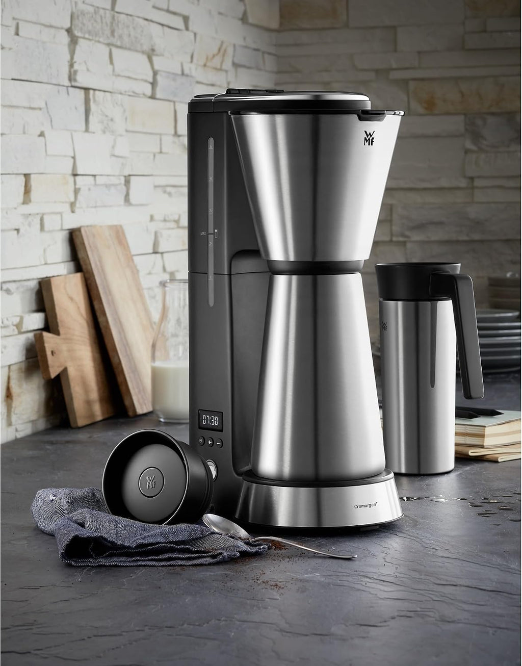 WMF KITCHENminis 0412260011 Aroma Filter Coffee Maker, Thermo-To-Go, Compact, Insulated Jug and Takeaway Mug, Cromargan High Quality, 760 W, Up to 5 Cups