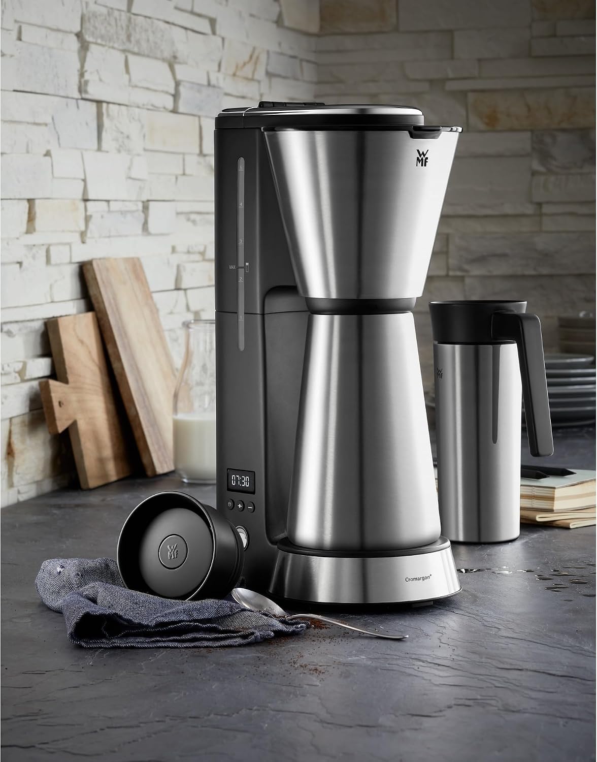 WMF KITCHENminis 0412260011 Aroma Filter Coffee Maker, Thermo-To-Go, Compact, Insulated Jug and Takeaway Mug, Cromargan High Quality, 760 W, Up to 5 Cups
