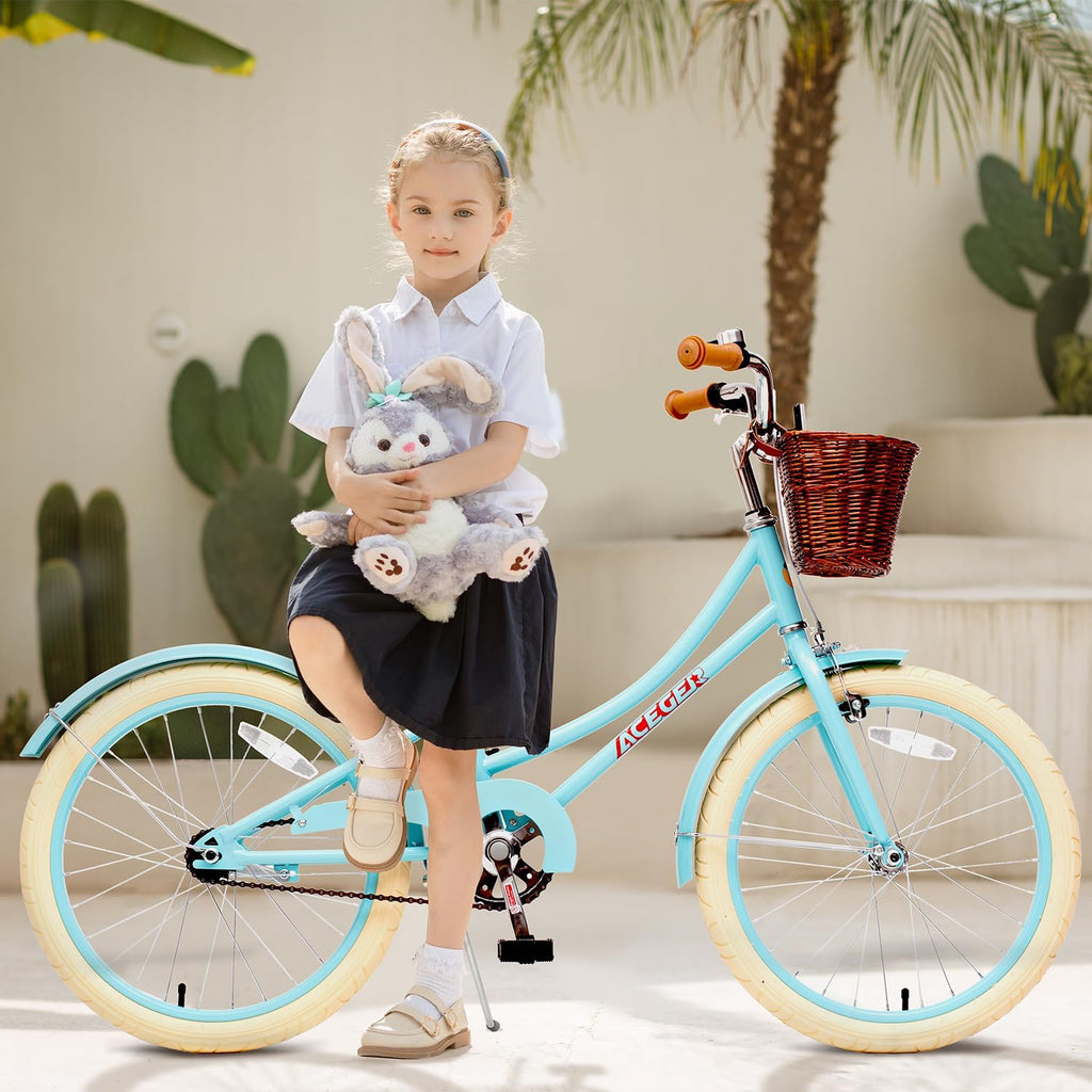 ACEGER Retro Princess Kids Bike with Basket for 3-12 Years Old Girls, Included Coaster Brake & Caliper Brake, 14 16 18 Inch with Training Wheels, 20 Inch with Kickstand, Vintage Bicycle for Gifts.