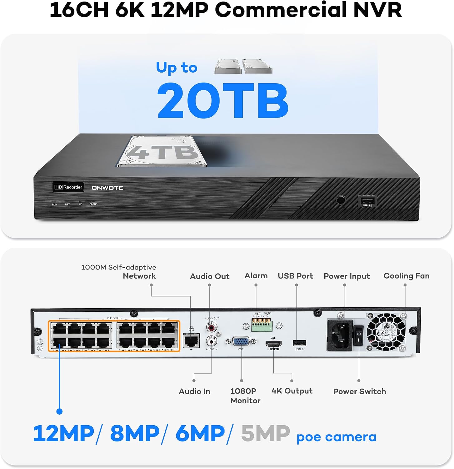 ONWOTE PoE Security Camera System 16 Channel, AcuSearch, 12MP 4K 16CH Commercial NVR 4TB, 8x 5MP 122° IP Cameras Wired, AI Detection, 24/7 Video Audio Recording, Total 480ft Cables, CCTV Home Business