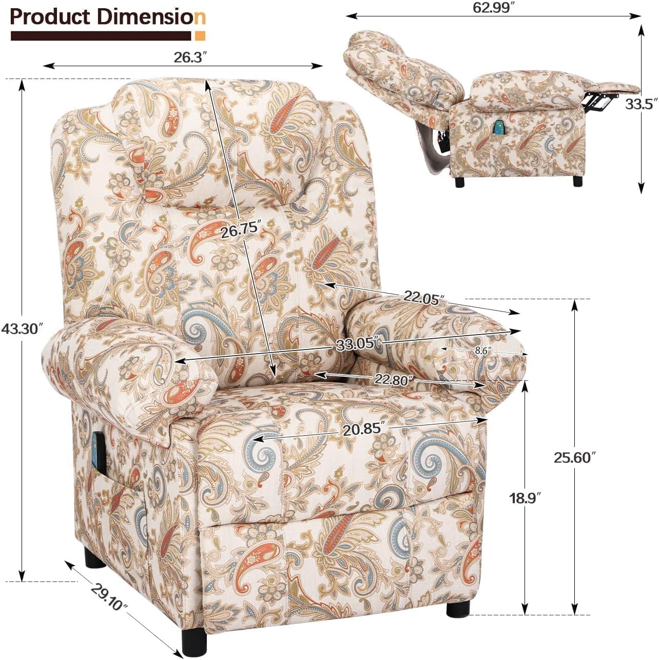 Manual Recliner Chair, Massage Chair Recliners with Heat, Pushback Recliners for Living Room Small Recliner Chairs for Small Spaces Fabric Overstuffed Single Sofa with Vibration Home Theater,Floral