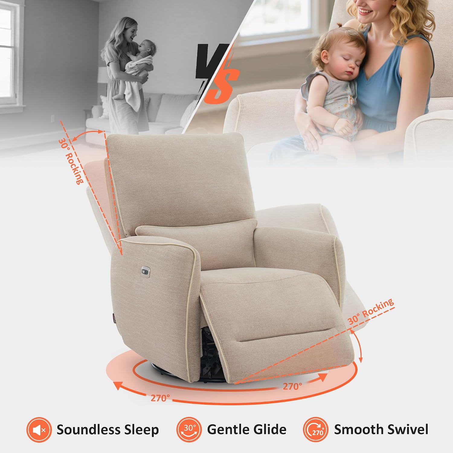 MCombo Swivel Glider Rocker Power Recliner Chair, Electric Swivel Rocker Recliner with USB Charging Ports for Living Room and Nursery, Fabric 6922 (Beige)