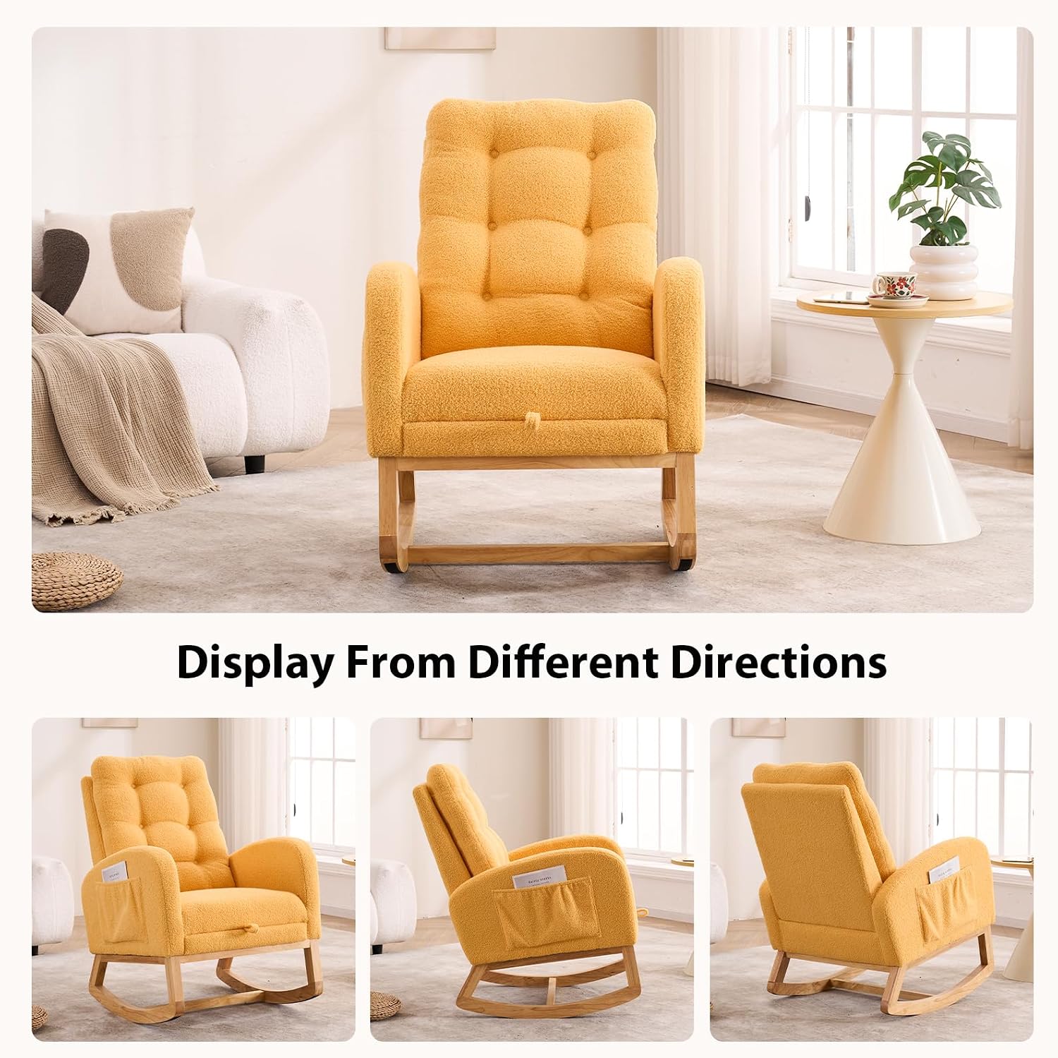 Nursery Rocking Chair with Retractable Footrest,Accent Rocker for Relaxing, Side Pocket,A+ Grade Rubber Wood,Suitable for Living Room,Bedroom and Balcony (Teddy Fleece, Yellow)