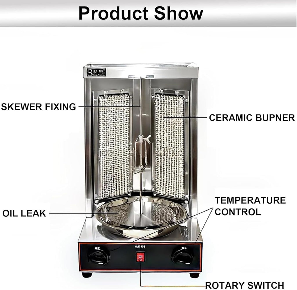 Electric Kebab Grill Vertical Broiler Gyro Meat Rotisserie with Burners, Temperature Adjustment 50-350℃, Ideal for Commercial and Home Use(Silver-M)