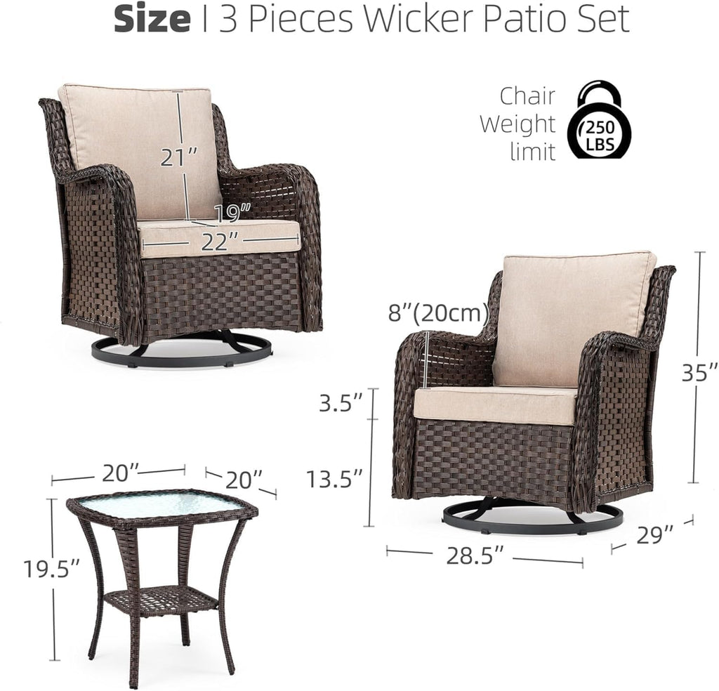 GAOMON 3 Piece Outdoor Patio Set, Wicker Rocking Bistro Set with 2 Swivel Chairs & Tempered Glass Top Table, Rattan Outdoor Furniture with Cushions for Patio Porch Backyard (Large)