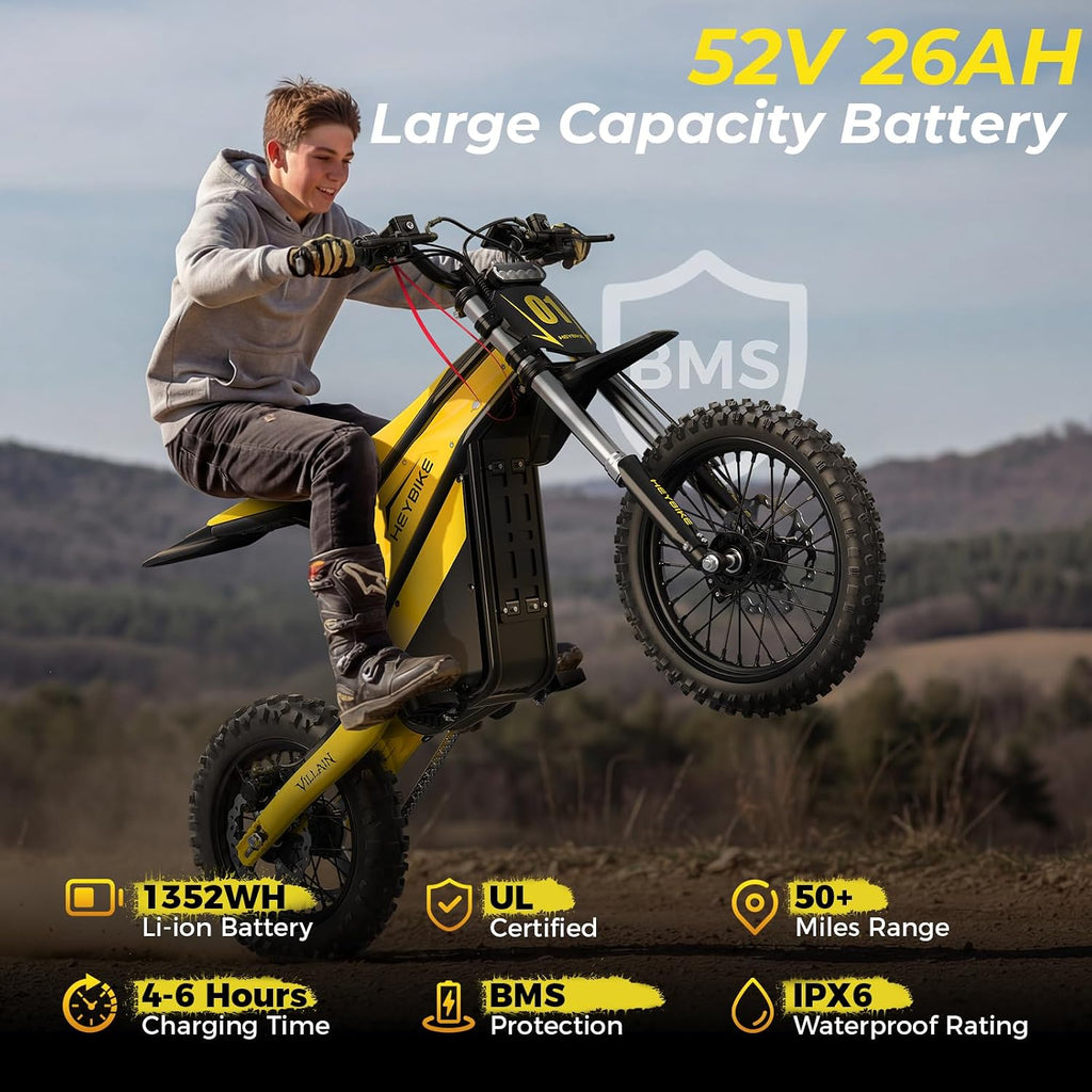 Heybike Villain Electric Dirt Bike, 4160W E Dirt Bike with 52V 26AH Battery, 14'/12' Fat Tire Electric Motorcycle for Teens, Max 45MPH Ebike with Reversing Function(with Crossbody Bag; Yellow&Black)
