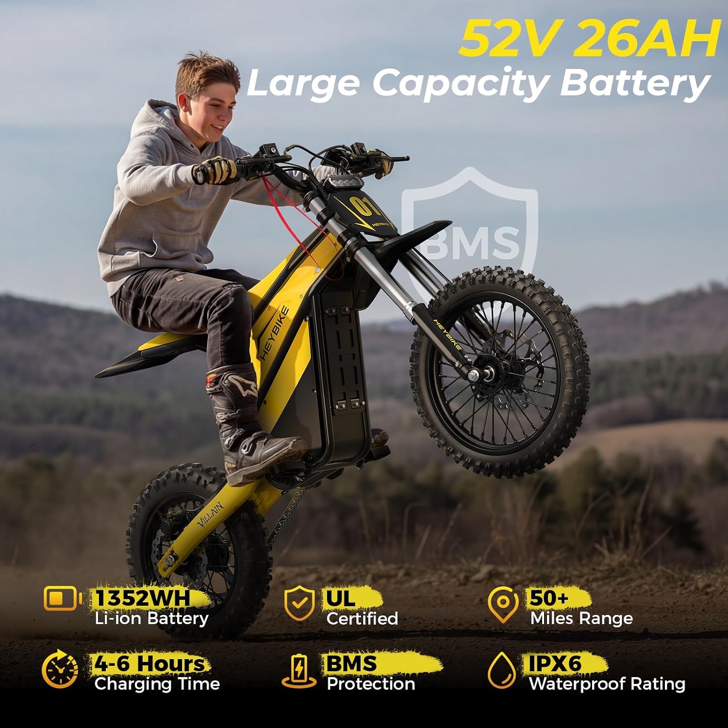 Heybike Villain Electric Dirt Bike, 4160W E Dirt Bike with 52V 26AH Battery, 14'/12' Fat Tire Electric Motorcycle for Teens, Max 45MPH Ebike with Reversing Function(with Crossbody Bag; Yellow&Black)