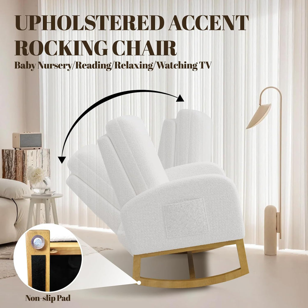 Teddy Upholstered Rocking Chair Nursery, Glider Rocker Chair with High Backrest and Side Pocket, High Back Accent Chair with Wood Legs, Comfy Side Chair for Nursery- White