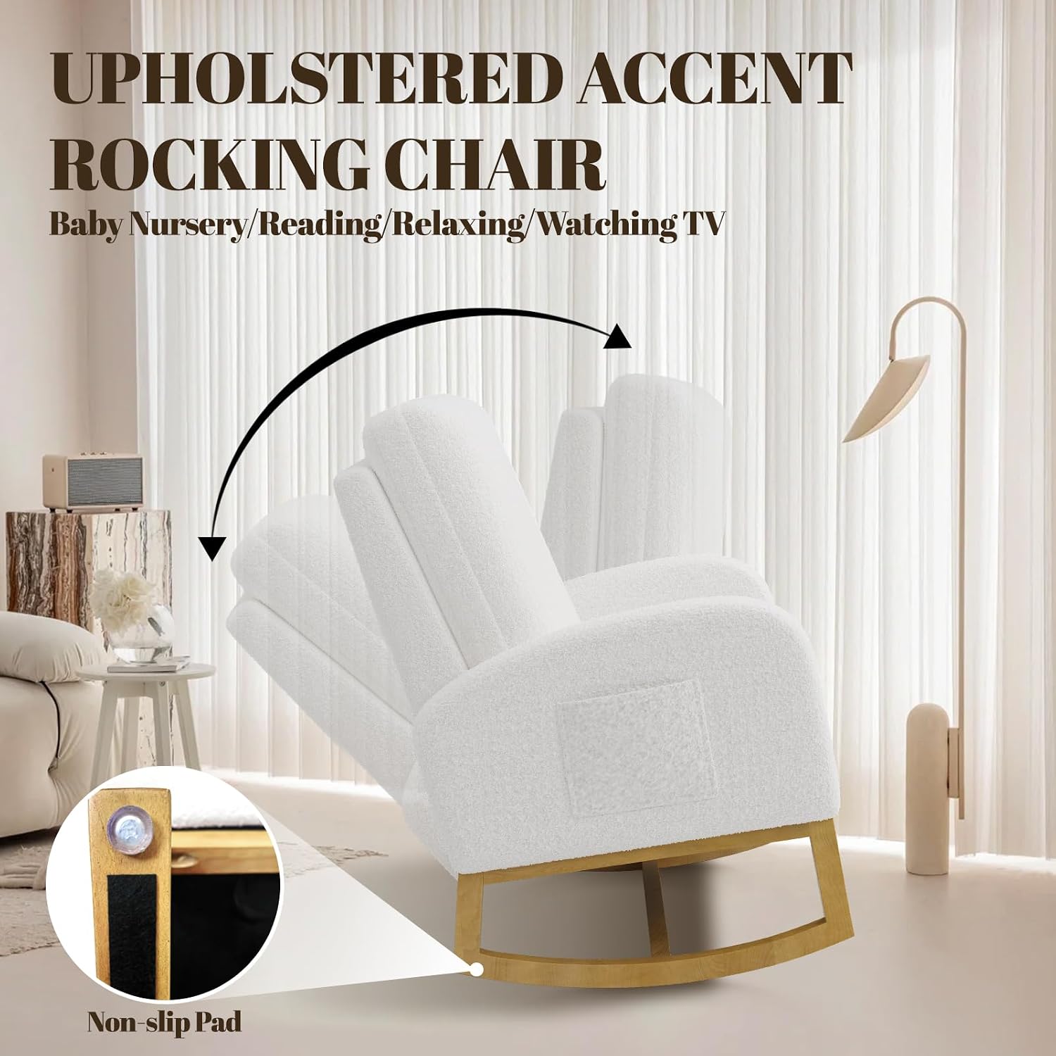Teddy Upholstered Rocking Chair Nursery, Glider Rocker Chair with High Backrest and Side Pocket, High Back Accent Chair with Wood Legs, Comfy Side Chair for Nursery- White