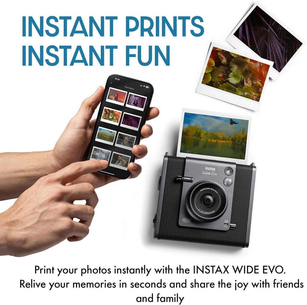 Fujifilm Instax Wide Evo Hybrid Instant Film Camera Bundle with Fuji Instax-Wide Instant Film (20 Sheets) + Compatible Carrying Case + 32GB Memory Card + More