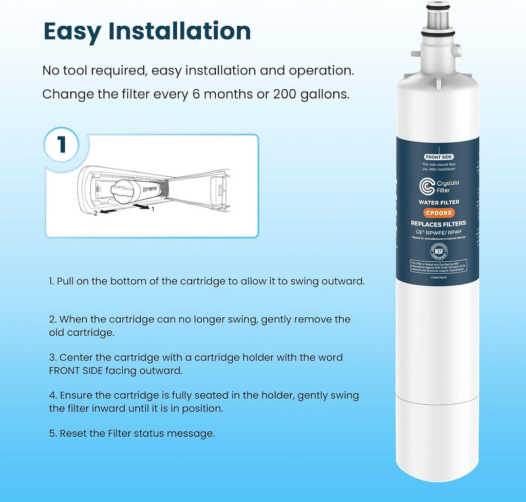 Crystala Filters Replacement for GE® RPWFE, RPWF (with CHIP) Refrigerator Water Filter, Compatible with WSG-4, WF277, GFE28GMKES, PFE28KBLTS, GYE22HMKES, DFE28JSKSS, GFE28GYNFS, GFD28GYNFS, 4 Pack