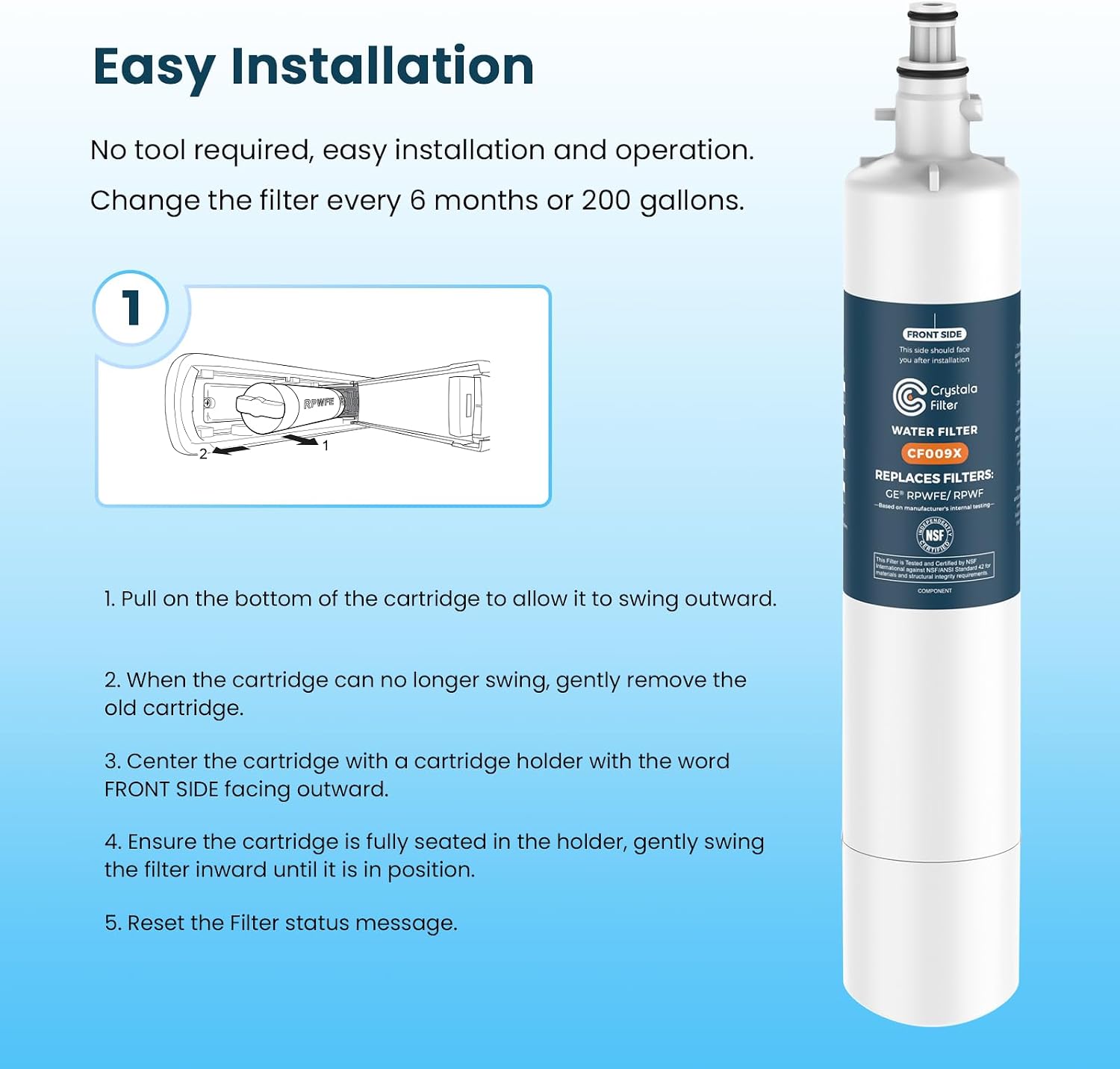 Crystala Filters Replacement for GE® RPWFE, RPWF (with CHIP) Refrigerator Water Filter, Compatible with WSG-4, WF277, GFE28GMKES, PFE28KBLTS, GYE22HMKES, DFE28JSKSS, GFE28GYNFS, GFD28GYNFS, 4 Pack
