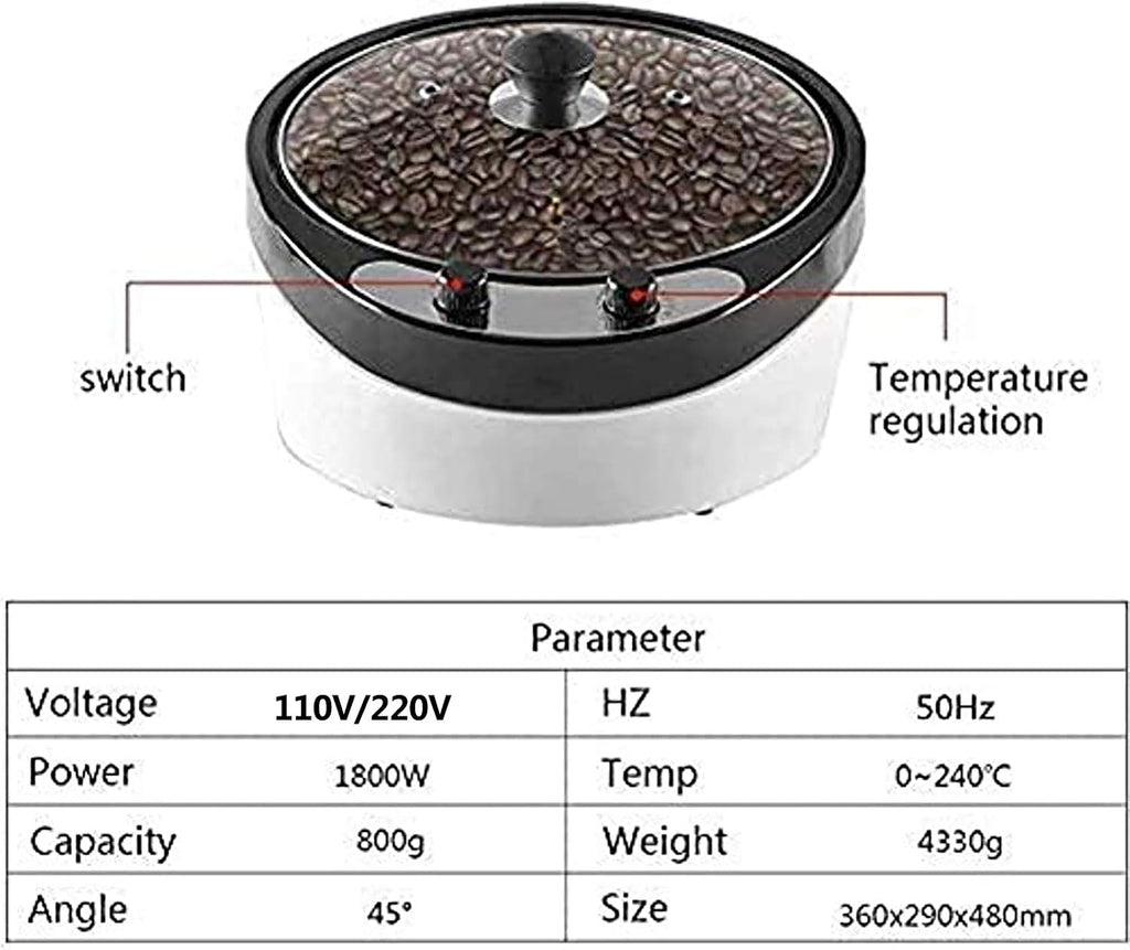 Coffee Machine 1800W Coffee Bean Roaster, Bevel Design Coffee Roaster with Temperature Adjustment Cereal Coffee Machine Suitable Household Baking High Capacity 800G