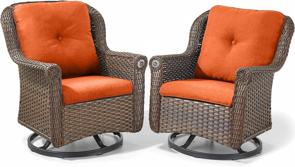 Patio Chairs Outdoor Swivel Glider - Set of 2 High Back Outside Brown Wicker Rattan Rocking Chair with Zippered Cushion for Porch Apartment Deck Yard Poolside Garden - Orange