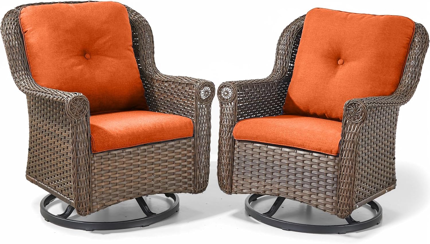 Patio Chairs Outdoor Swivel Glider - Set of 2 High Back Outside Brown Wicker Rattan Rocking Chair with Zippered Cushion for Porch Apartment Deck Yard Poolside Garden - Orange