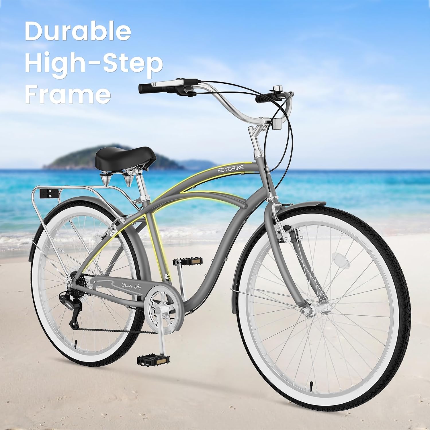Cruiser Bike for Adults, 7-Speed Beach Cruiser Bicycle, 24/26 Inch Step-Through or High-Bar Frame, Comfort City Commuter Bike with Rear Rack, Fenders, Wide Saddle for Women & Men