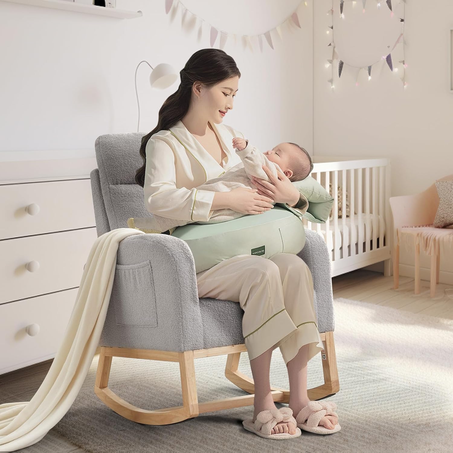 IDEALHOUSE Nursery Rocking Chair, Upholstered Glider Rocker with High Back & Side Pocket, Comfy Nursing Chair for Breastfeeding, Padded Nursery Armchair for Baby Room, Bedroom & Living Room,