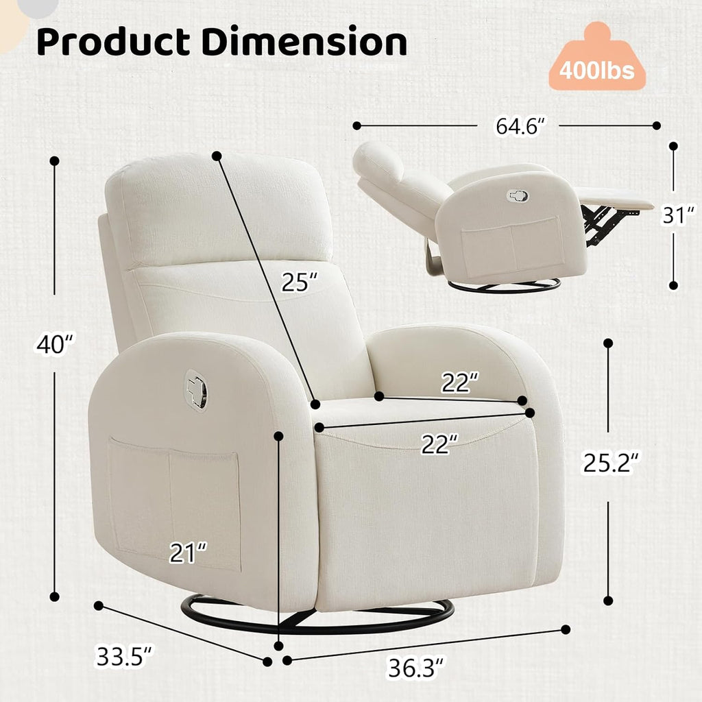 Swivel Recliner Rocker Nursery, Chenille Nursering Glider Recliner, Manual Swivel Rocking Reclining with Double Pockets for Living Room, Cream White