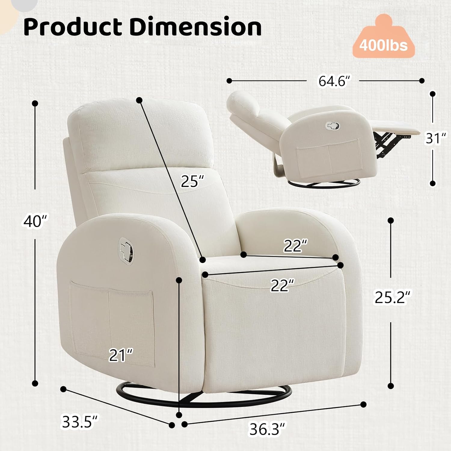 Swivel Recliner Rocker Nursery, Chenille Nursering Glider Recliner, Manual Swivel Rocking Reclining with Double Pockets for Living Room, Cream White