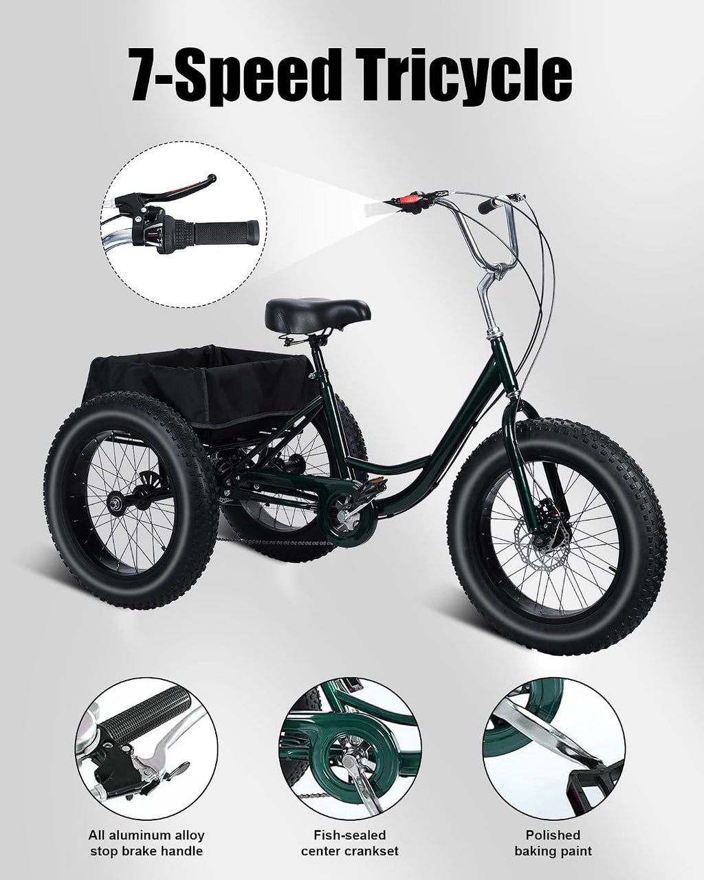 Tricycle for Adults, 20 Inch Fat Tire Trike for Adults, 7 Speed, Load Capacity 450lbs, 20' x 4' Tires 3 Wheel Bikes for Adult Tricycle Bike Cruiser, with Double Disc Brake, Shopping Basket