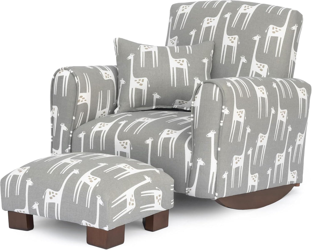 Toddler Personalized Armchair, Kids Upholstered Rocking Chair with Personalization, Toddler Chair with Personalized Name, Comfy Child Armchair, (Grey Giraffes Print, Rockers)