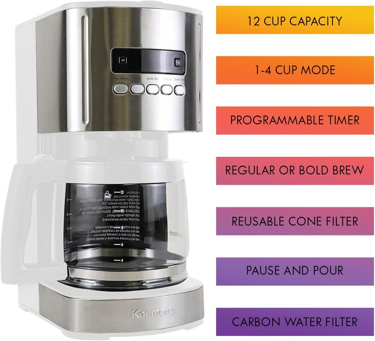 Kenmore Coffee Maker 12 cup Drip Coffee Machine Programmable Aroma Control Glass Carafe & Kenmore/Keurig/Cuisinart/Braun compatible replacement charcoal water filter 12 Pack