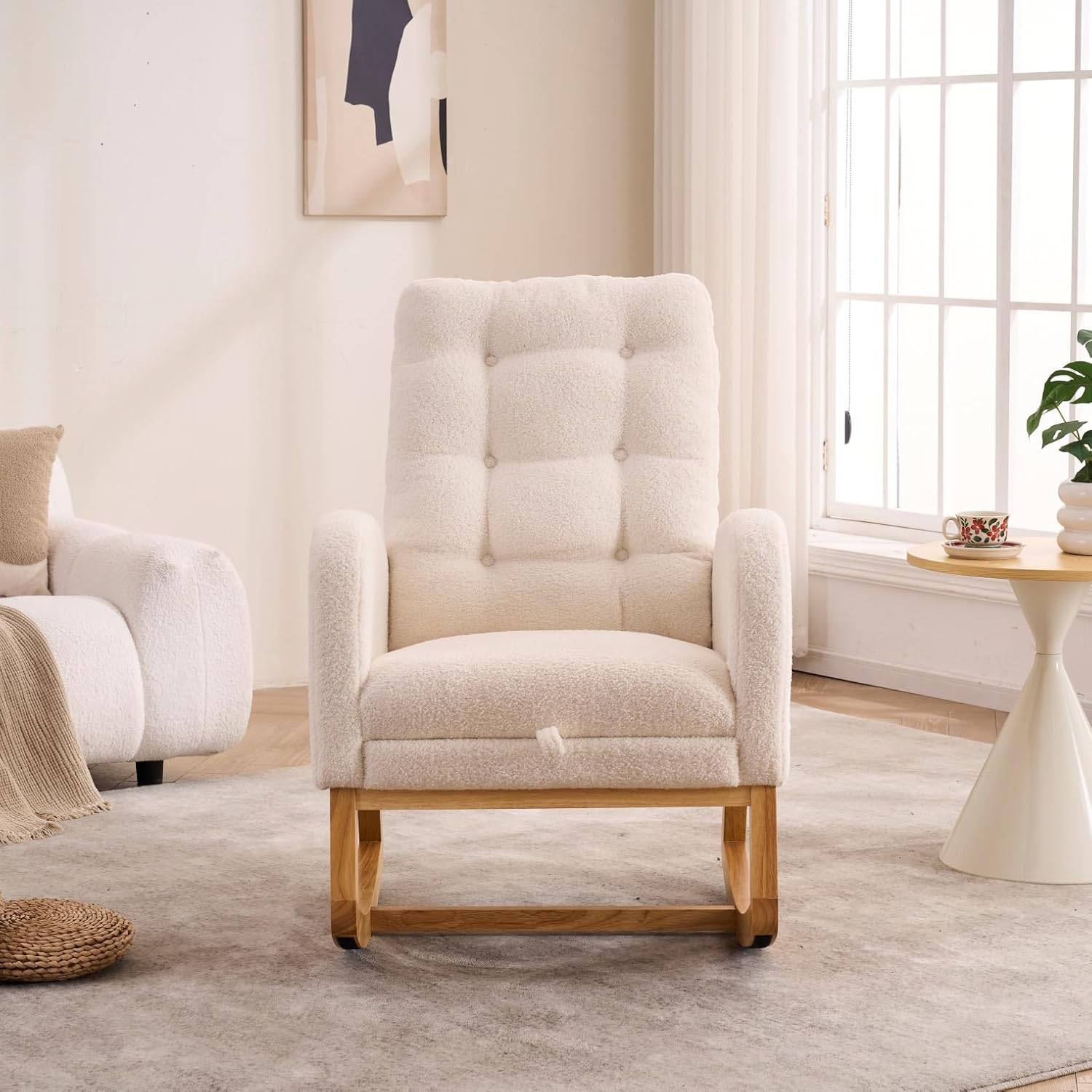 Accent Rocking Chair with Curved Back & Pillow, Teddy Velvet Upholstered Rocker with Rubberwood Base, Cozy Nursery Chair for Living Room & Bedroom, Cream White