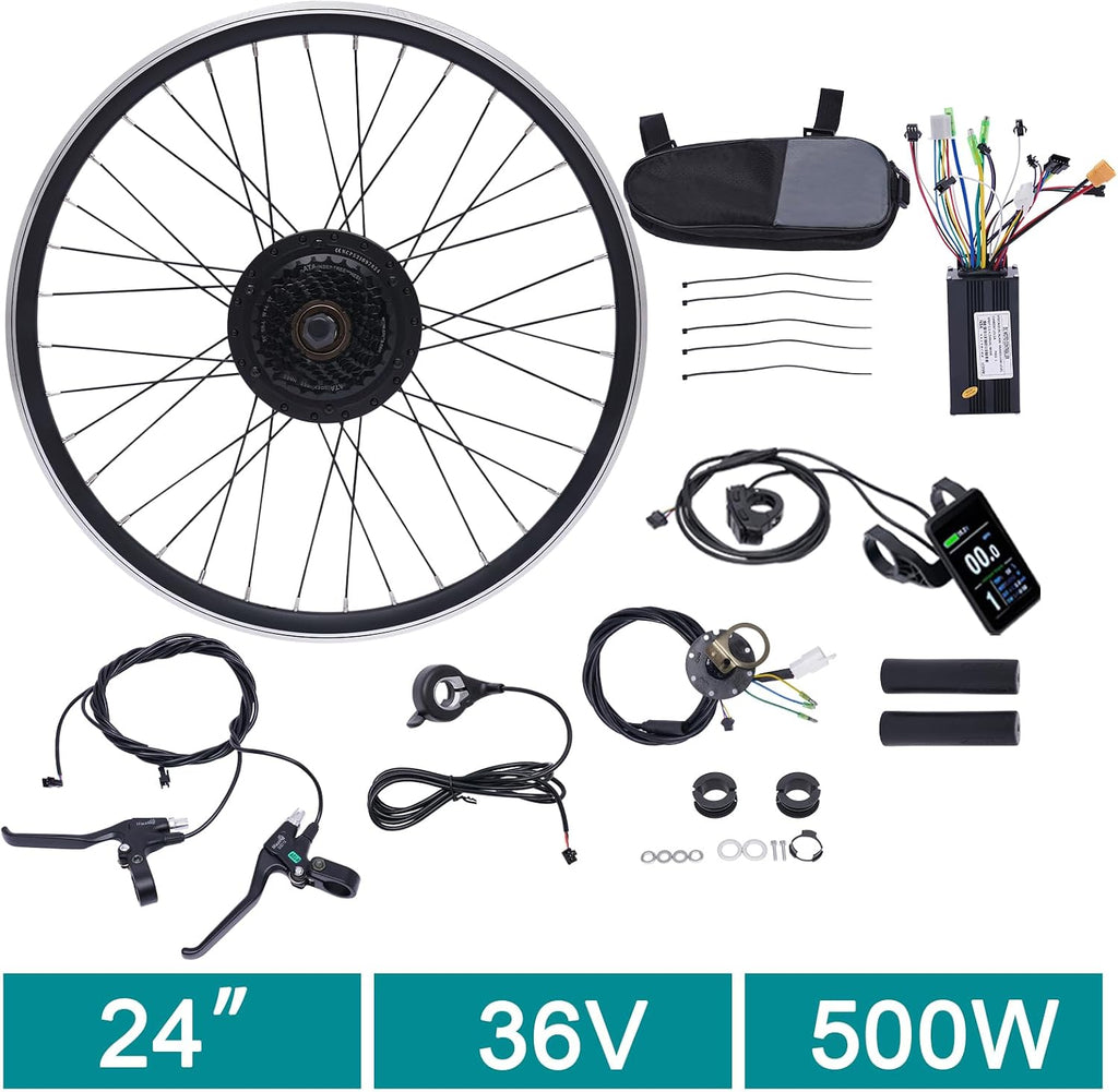 24' Electric Bike Conversion Kit, 36V 500W Rear Wheel E-Bike Conversion Kit,Powerful Motor E-Bike Conversion Kit Dual Mode Controller W/LCD Display Twist Throttle PAS Ebike Wheel Kit