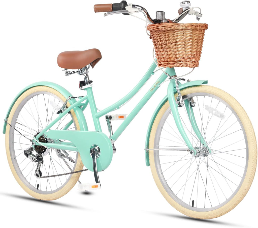 Glerc 20 24 26 Inch Beach Cruiser Bike, 6-Speed Hybrid City Bicycle for Girls Youth and Over 6 Years Old, Missy Bike with Wicker Basket & Lightweight, Multiple Colors