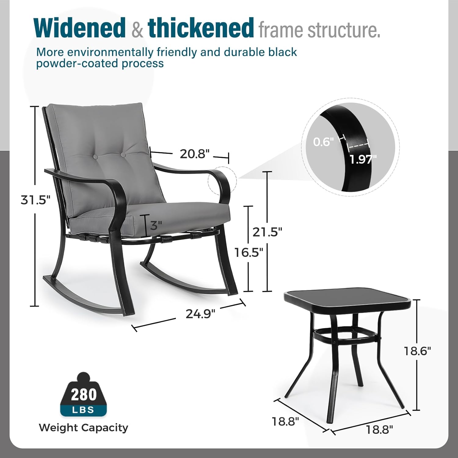 SOLAURA 3-Piece Outdoor Rocking Chairs Bistro Set, Black Iron Patio Furniture with Gray Thickened Cushion & Glass-Top Coffee Table