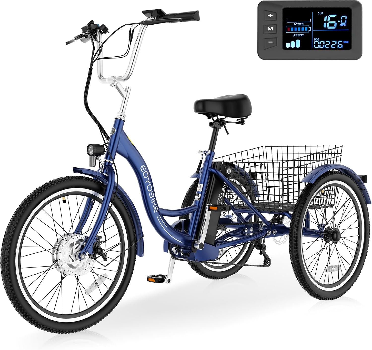 Electric Tricycle for Adults Seniors, 24/26 Inch 3 Wheel E-Trike, 350W Motor (700W Peak), Removable 36V Battery, Up to 15.5MPH, 25-60Mile Range, Low Step-Through, Rear Basket, 350lbs Capacity, 7 Speed