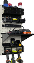 Wall Control Power Tool Storage Organizer Kit Cordless Drill Holder Charging Station Rack 16' x 32' Metal Pegboard Organization System (Beige Pegboard)