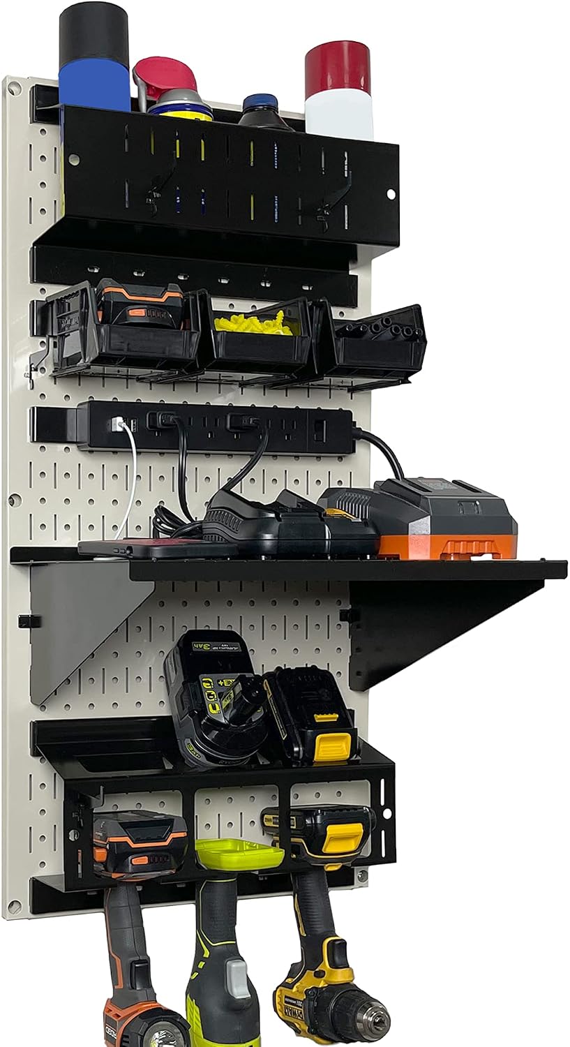 Wall Control Power Tool Storage Organizer Kit Cordless Drill Holder Charging Station Rack 16' x 32' Metal Pegboard Organization System (Beige Pegboard)
