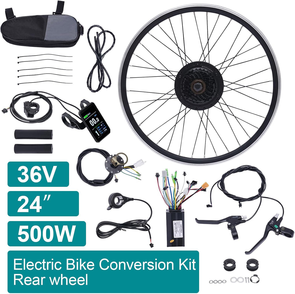 24' Electric Bike Conversion Kit, 36V 500W Rear Wheel E-Bike Conversion Kit,Powerful Motor E-Bike Conversion Kit Dual Mode Controller W/LCD Display Twist Throttle PAS Ebike Wheel Kit
