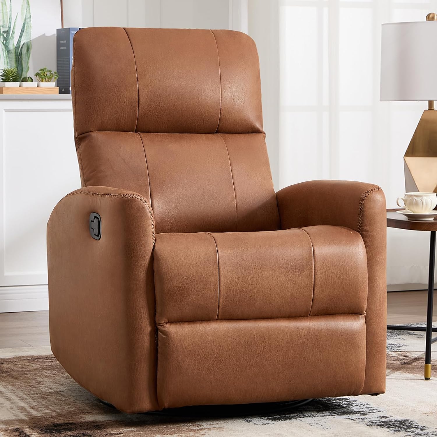ANJ Manual Swivel Rocker Recliner, Glider Recliners with Padded Armrest and Backrest, Soft Leather Nursery Rocking Recliner Chair Reclining Sofa for Living Room