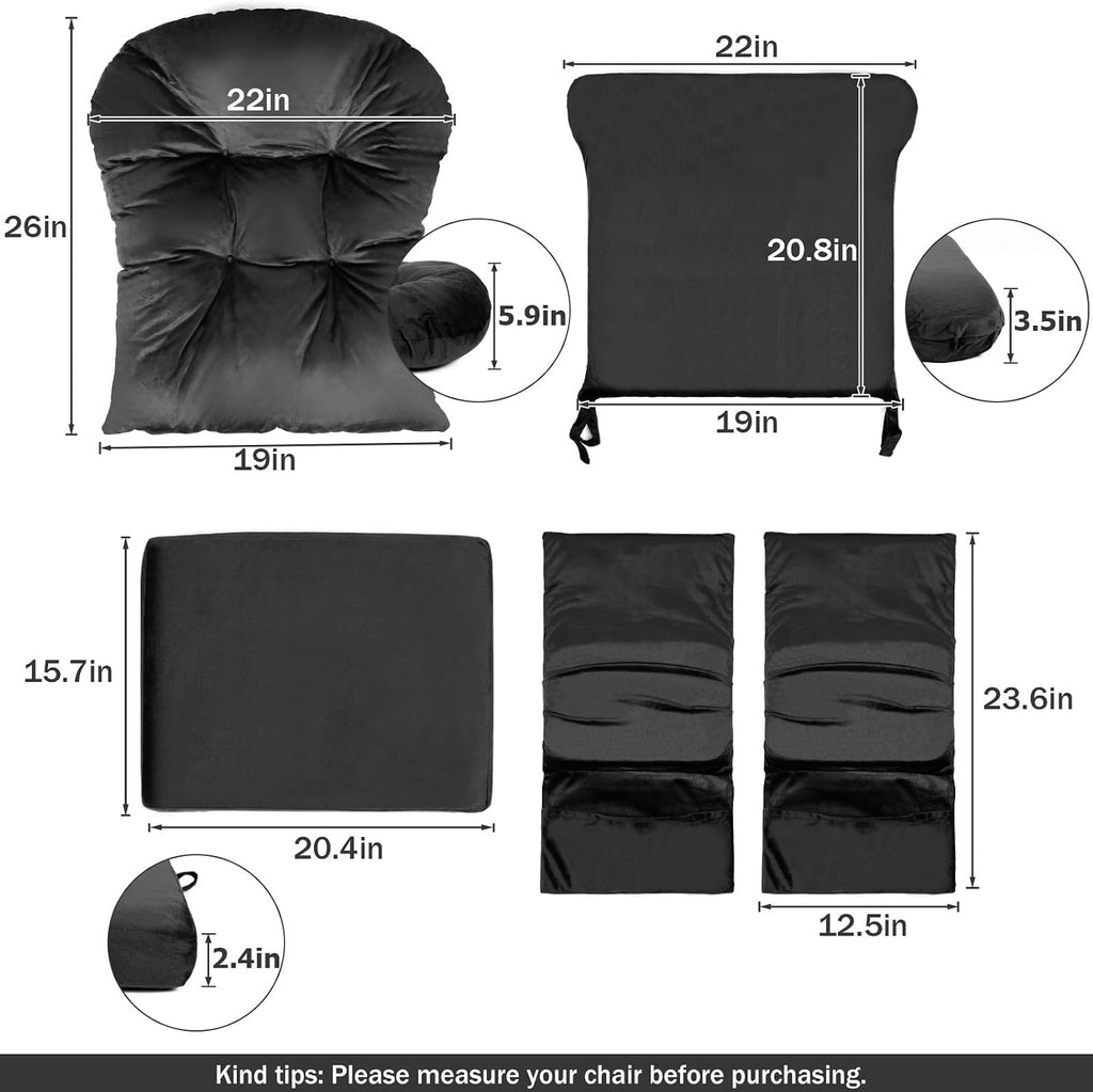 5PCS Glider Rocker Replacement Cushions Thick Soft Velvet Glider Cushions Replacement Set with Ottoman Cushion and Storage Pockets, Black