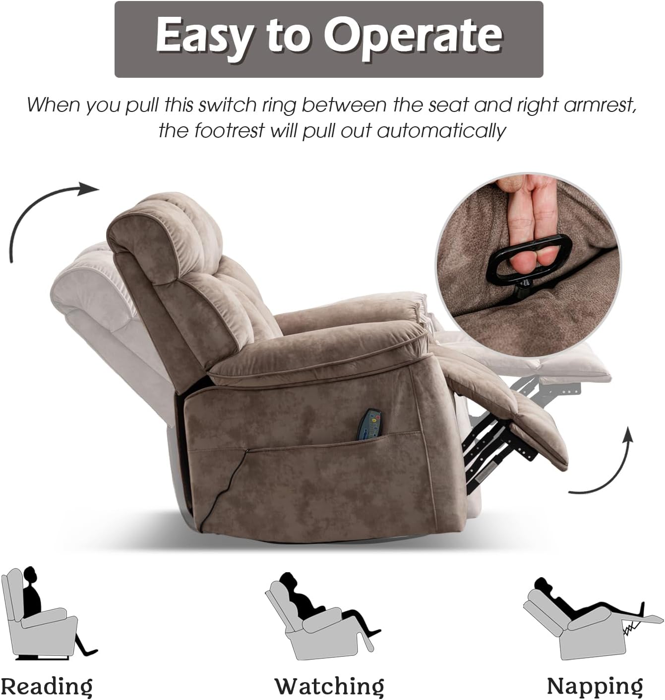 INZOY Oversized Rocker Recliner with Heat and Vibration, Manual Swivel Rocking Recliner Chair with Vibrating Massage, Comfy Padded Overstuffed Soft Fabric Heated Recliner,Camel