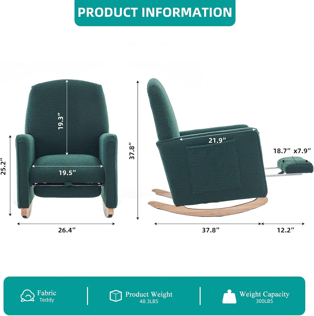 Rocking Chair Nursery with Foot Rest, Teddy Nursing Rocking Chair with High Backrest, Glider Rocker Chair for Living Room, Bedroom, Nursery(Teddy Green)