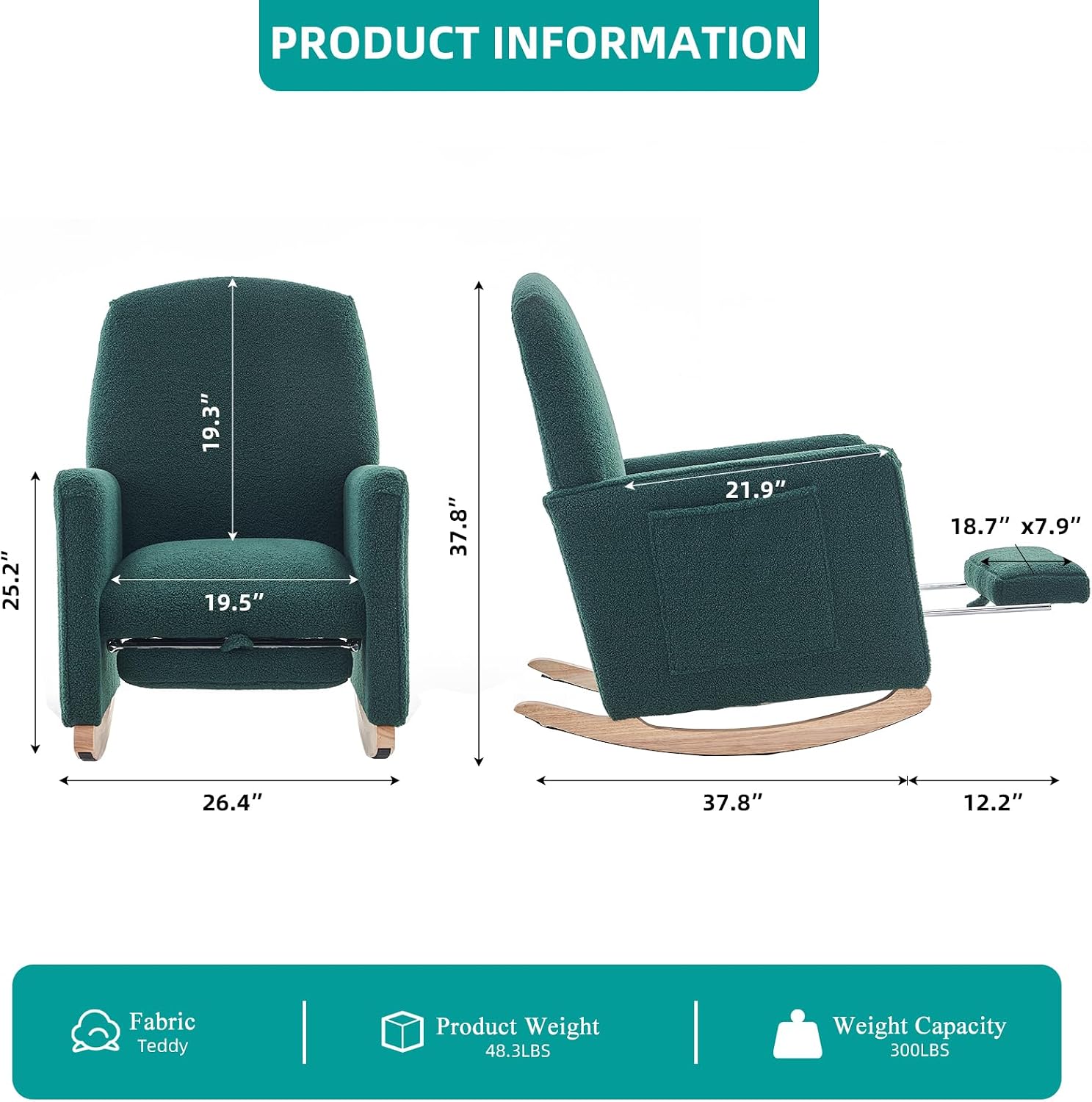 Rocking Chair Nursery with Foot Rest, Teddy Nursing Rocking Chair with High Backrest, Glider Rocker Chair for Living Room, Bedroom, Nursery(Teddy Green)