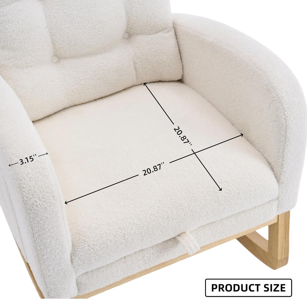 Accent Rocking Chair with Curved Back & Pillow, Teddy Velvet Upholstered Rocker with Rubberwood Base, Cozy Nursery Chair for Living Room & Bedroom, Cream White