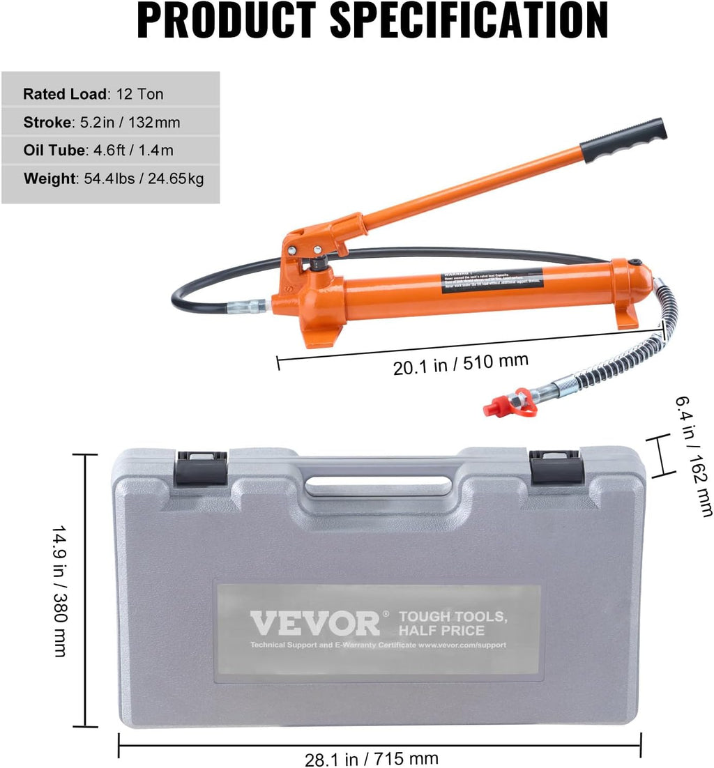 VEVOR Porta Power Kit, 12 Ton Load, Portable Hydraulic Jack with 4.6 ft Extended Oil Hose, Long Handle Design, Auto Body Frame Repair Kit with Portable Storage Case for Car Repair, Truck, Farm