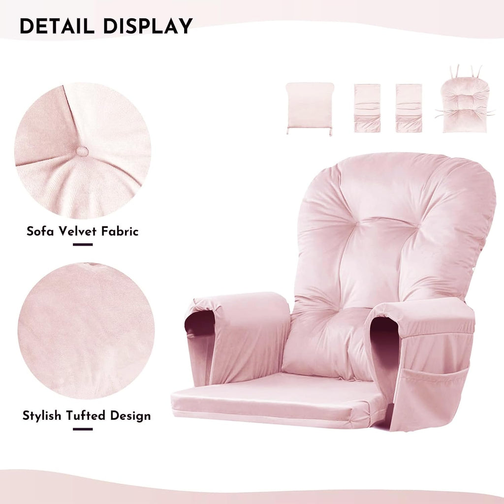 Lucky Monet 5Pcs Glider Rocker Replacement Cushions - Velvet Glider Cushions Replacement Set with Side Storage Pockets, Thick Chair Cushions Washable & Non Slip, Cushion ONLY - Pink