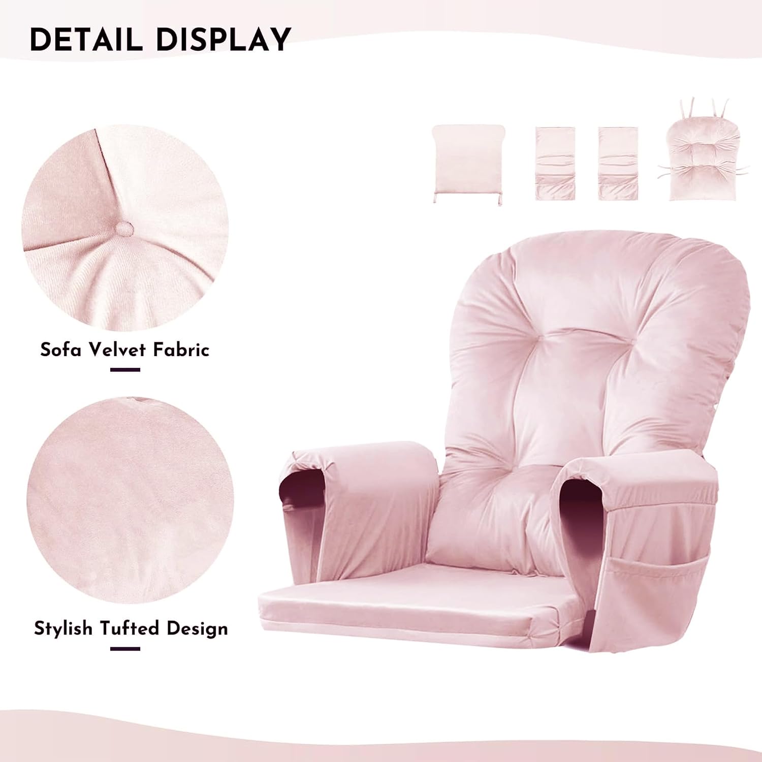 Lucky Monet 5Pcs Glider Rocker Replacement Cushions - Velvet Glider Cushions Replacement Set with Side Storage Pockets, Thick Chair Cushions Washable & Non Slip, Cushion ONLY - Pink