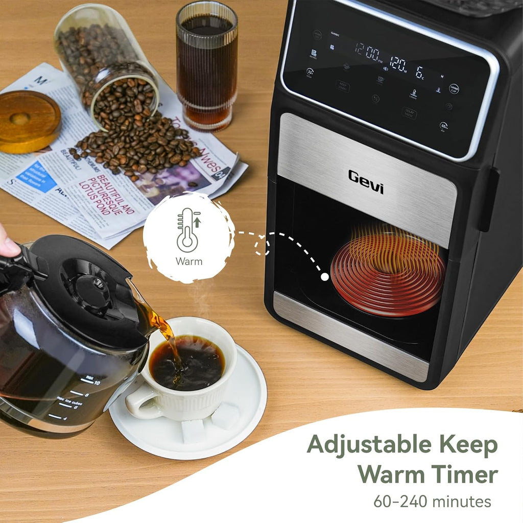 Gevi Grind & Brew Coffee Maker 10 Cup, Built-In Burr Grinder Drip Coffee Machine, Programmable Touch Screen, 4-Hour Warm Plate, Permanent Filter & Glass Carafe