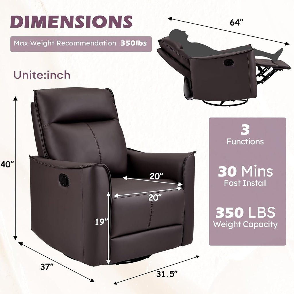 ANJ Manual Swivel Rocker Recliner, Glider Recliners with Padded Armrest and Backrest, Soft Leather Nursery Rocking Recliner Chair Reclining Sofa for Living Room