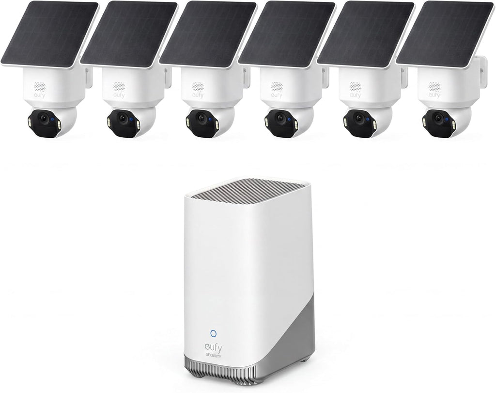 eufy SoloCam E42,6-Cam Kit,4K Security Camera Wireless Outdoor, Solar Powered, AI Motion Tracking, Strobe Light, Pan & Tilt, Facial Recognition, Up to 16 TB, Smart Home Compatible