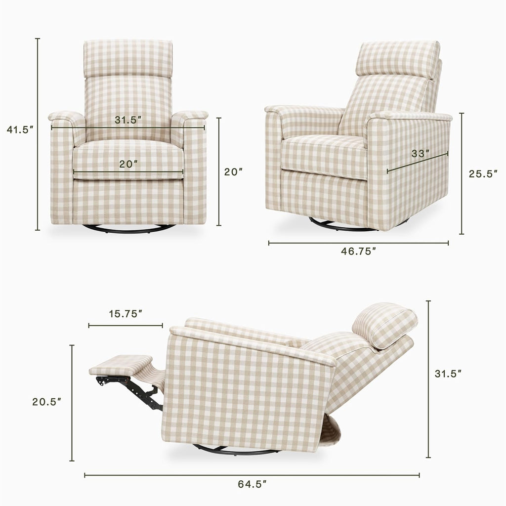 Namesake Willa Pro Power Recliner and Swivel Glider in Tan Gingham, Built-in USB Charging Port, Under Chair Light, Adjustable Headrest and Lumbar Support | Greenguard Gold and CertiPUR-US® Certified