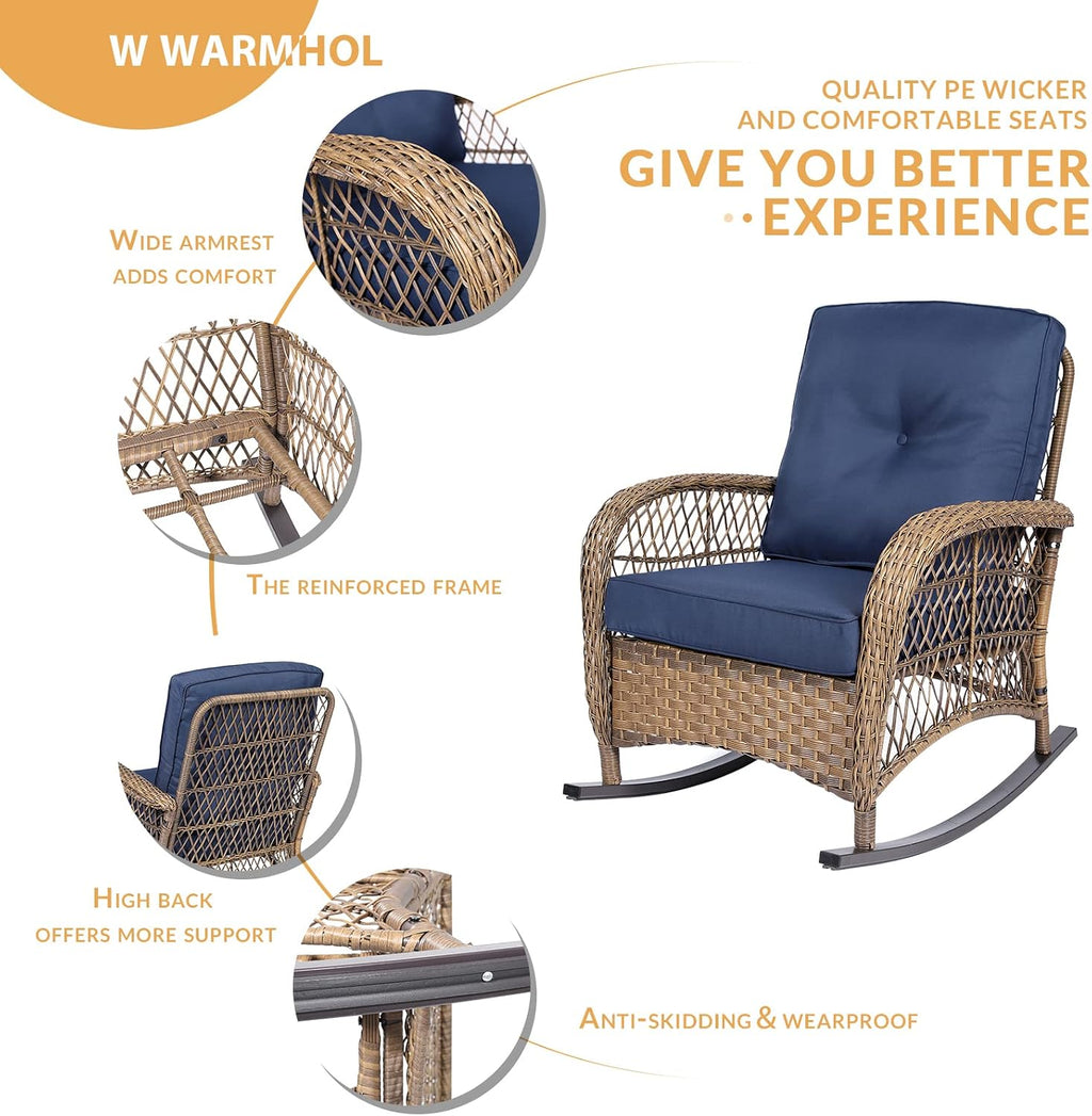 Outdoor Wicker Rocking Chair with Thickened Cushions, All-Weather Rattan Patio Rocking Chairs, Rocker Wicker Chair for Porch Garden & Backyard, Navy Blue