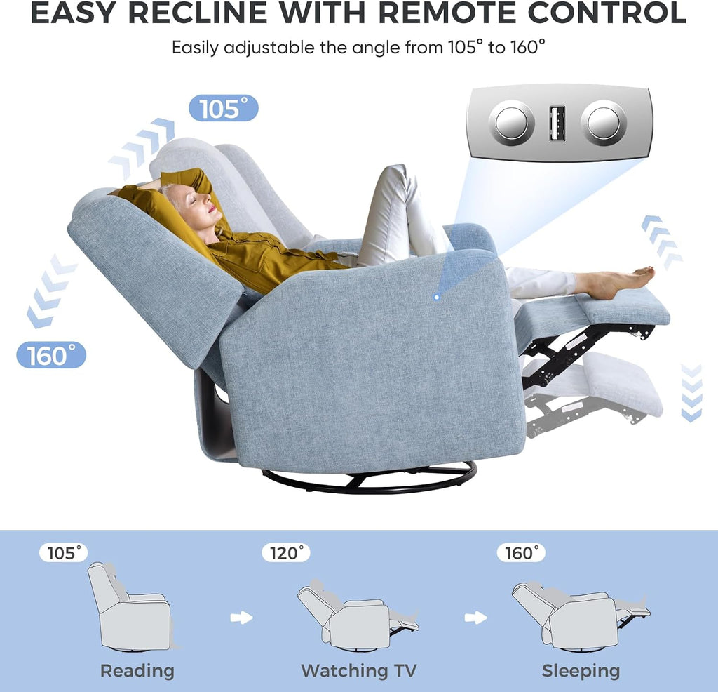 Power Recliner Chair Swivel Glider, Large Nursery Glider with Ottoman & USB Charging Port, Chenille Upholstered Rocker Glider Recliner for Nursery,Living Room, Blue